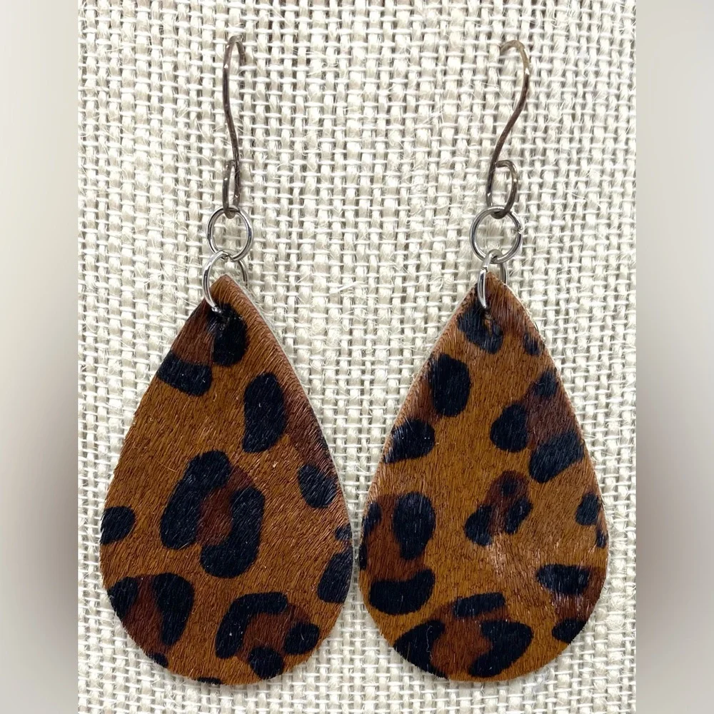 Brown Animal Print FauxFur Leather Dangle Earrings Boho Eclectic Y2K Festival